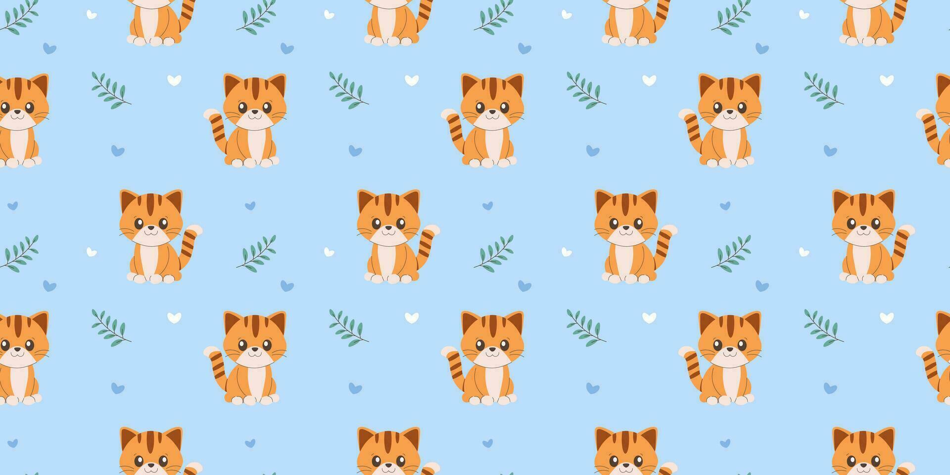 Seamless pattern cute kitten on light blue background vector