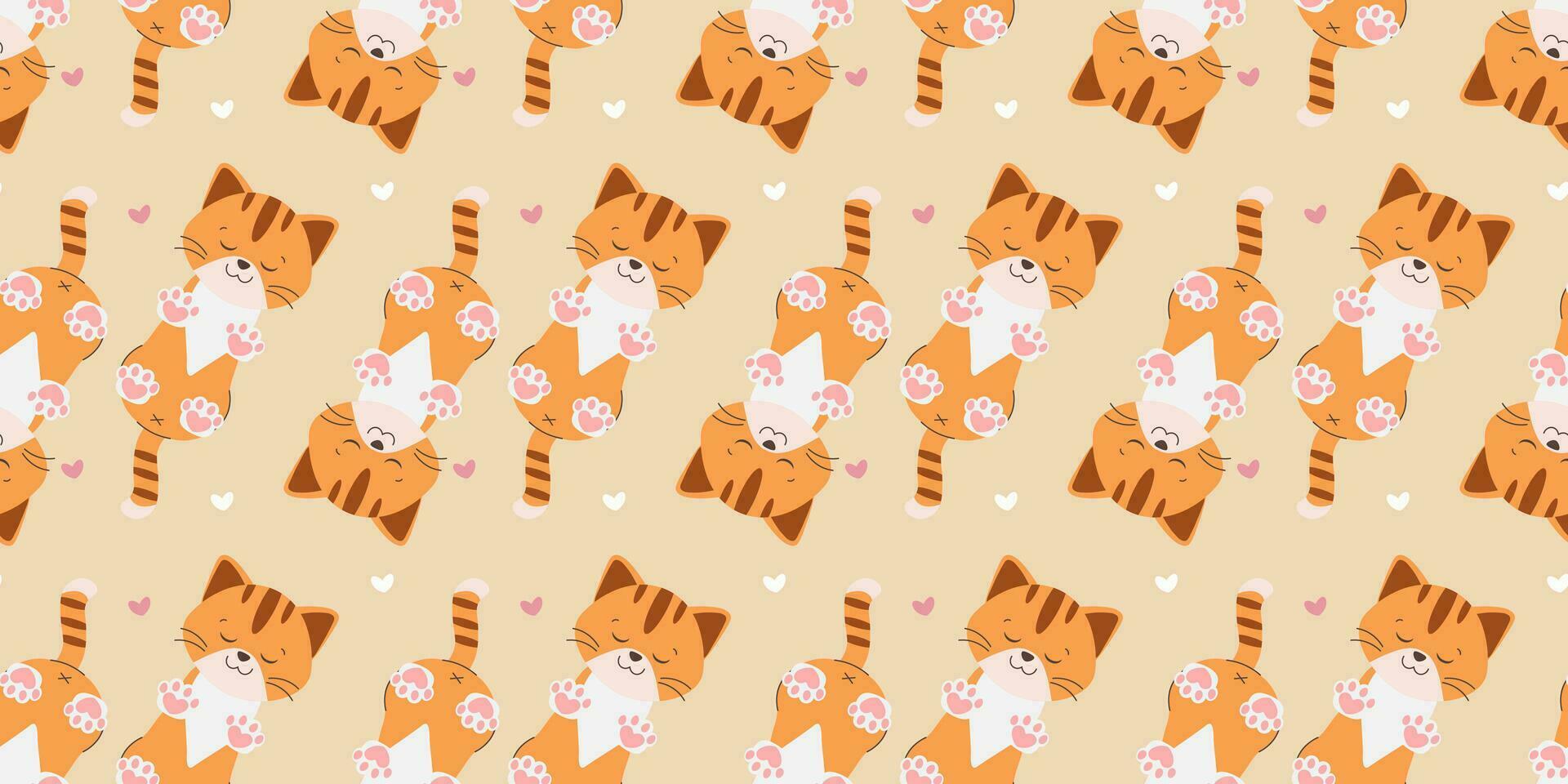 Seamless pattern cute ginger kitten sleeping on light yellow background vector