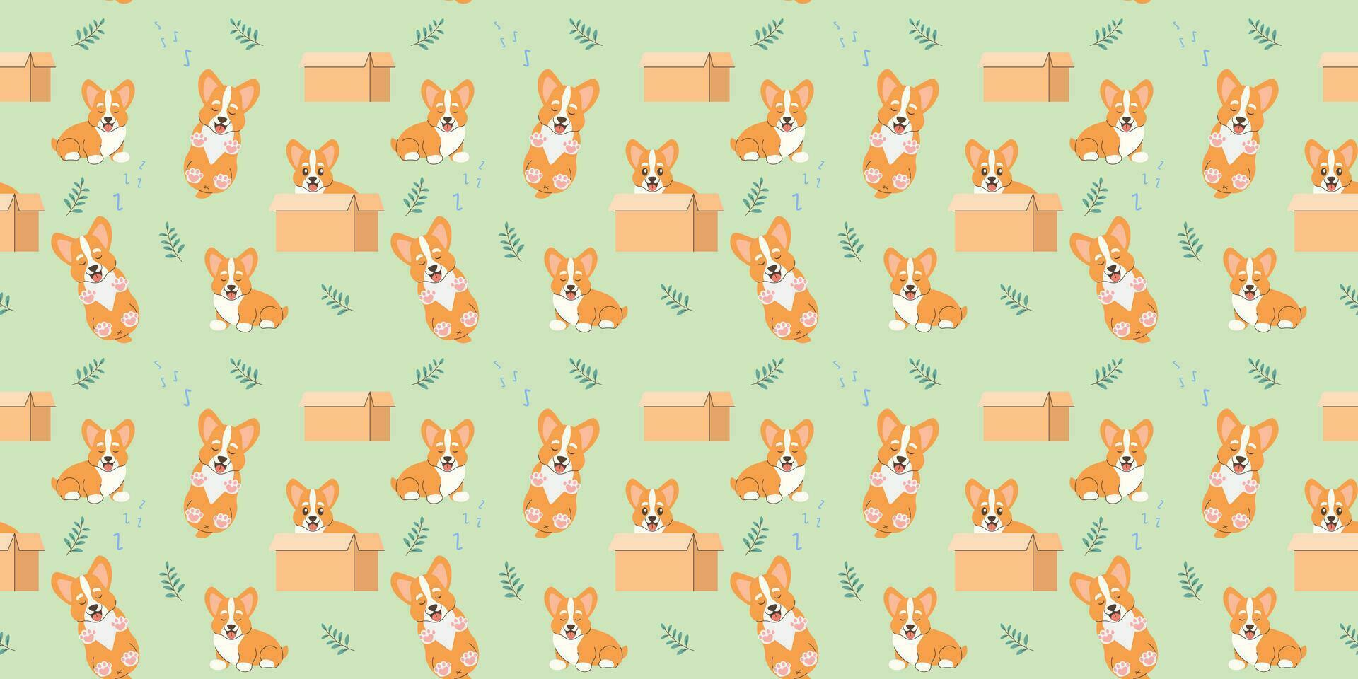 Seamless pattern cute ginger corgi sleeping sitting in a box and sleeping vector