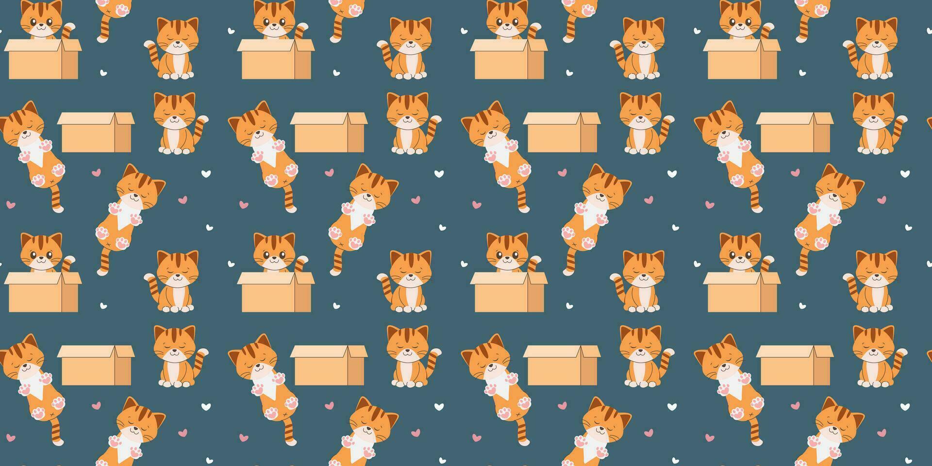 Seamless pattern cute ginger kitten sleeping sitting in a box and sleeping vector