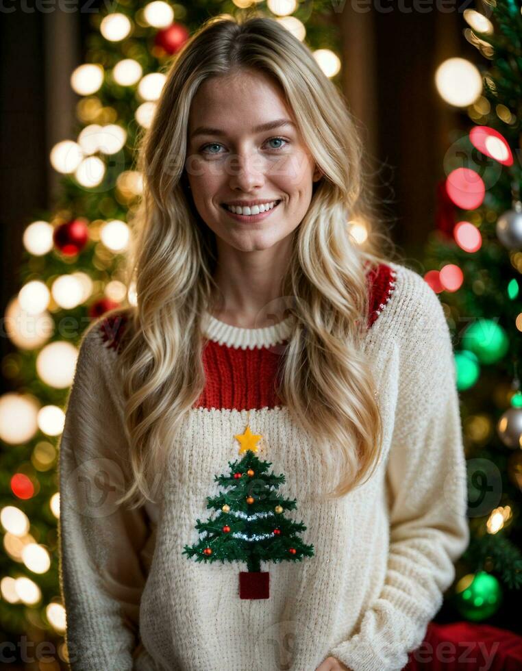 AI generated photo of beautiful woman with blonde hair in sweater standing in front of christmas tree , generative AI