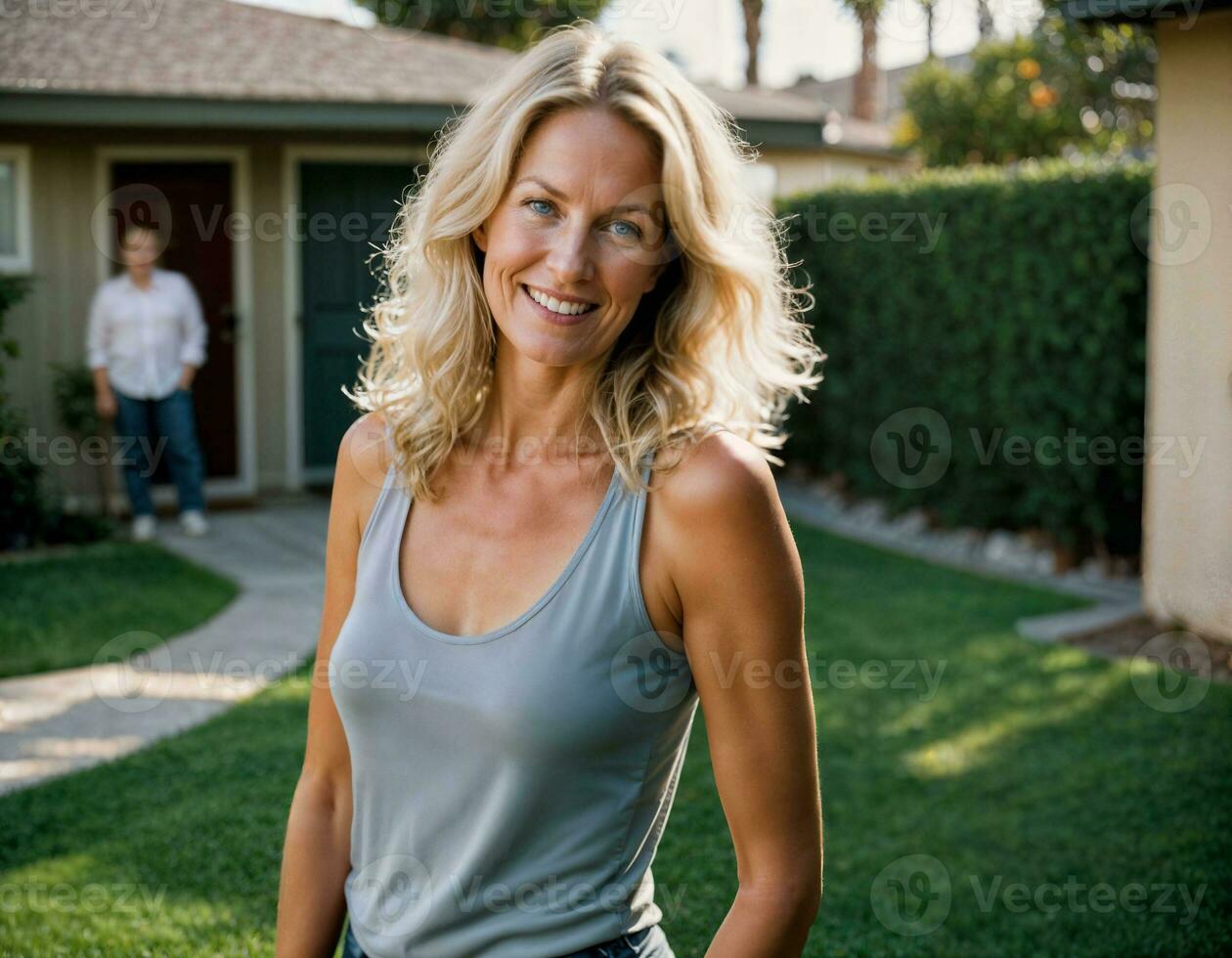 AI generated photo of beautiful woman with blonde hair as a housewife standing in front of her house, generative AI