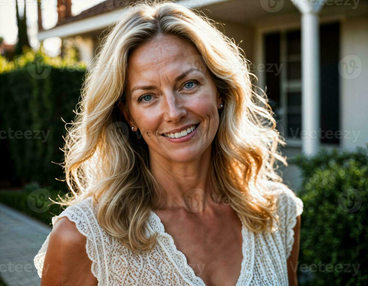AI generated photo of beautiful woman with blonde hair as a housewife standing in front of her house, generative AI