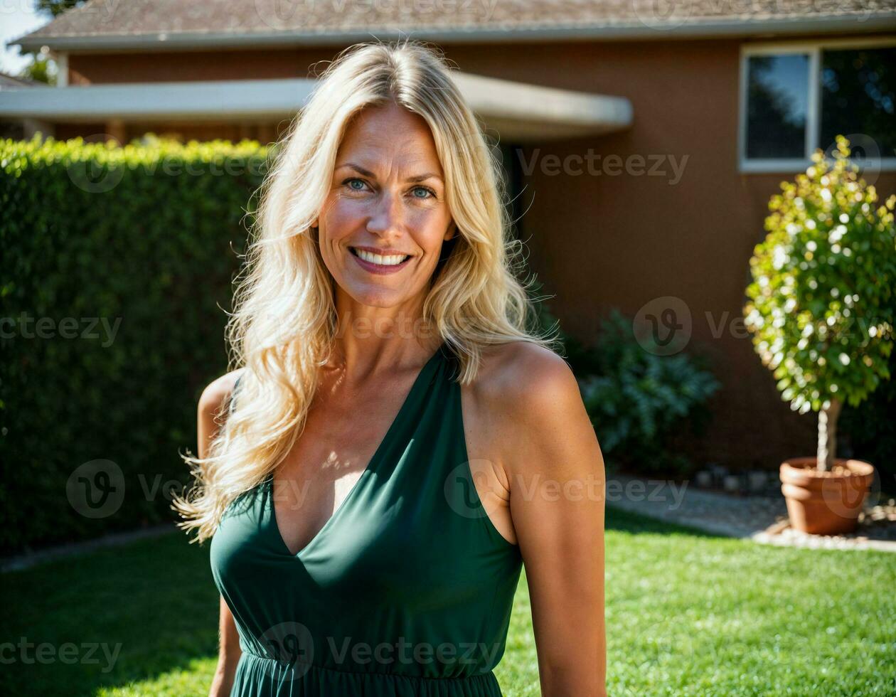 AI generated photo of beautiful woman with blonde hair as a housewife standing in front of her house, generative AI