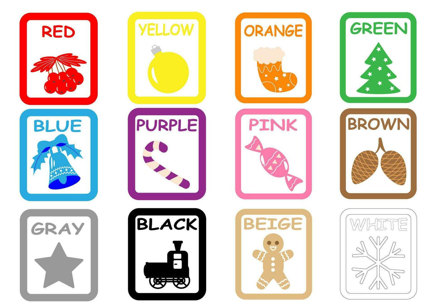 Learning primary colors for preschoolers. Card with red, green, orange, blue, yellow, black, white, brown, beige, pink flowers. vector