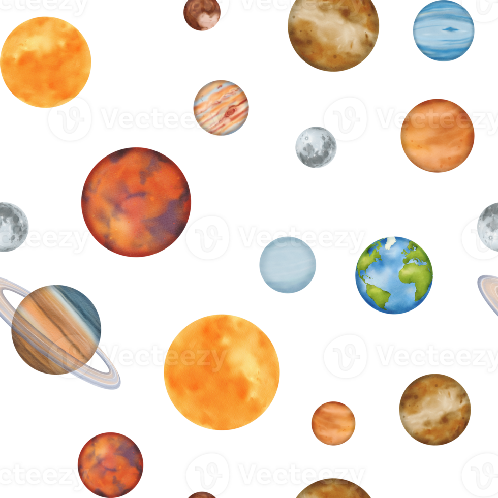 Seamless pattern. The solar system with planetary orbits. Mercury, Venus, Earth with its satellite, the Moon, Mars, Jupiter, Saturn, Uranus, Neptune, and the dwarf planet Pluto. Watercolor png