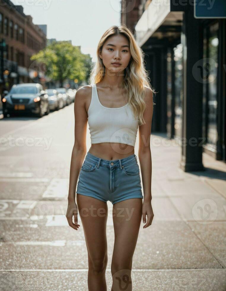 AI generated photo of beautiful asian woman with blonde hair and tank top standing at pavement street, generative AI