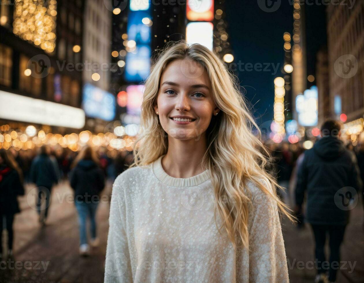 AI generated photo of beautiful woman with blonde hair in sweater standing with crowd in busy festival celebration community street , generative AI