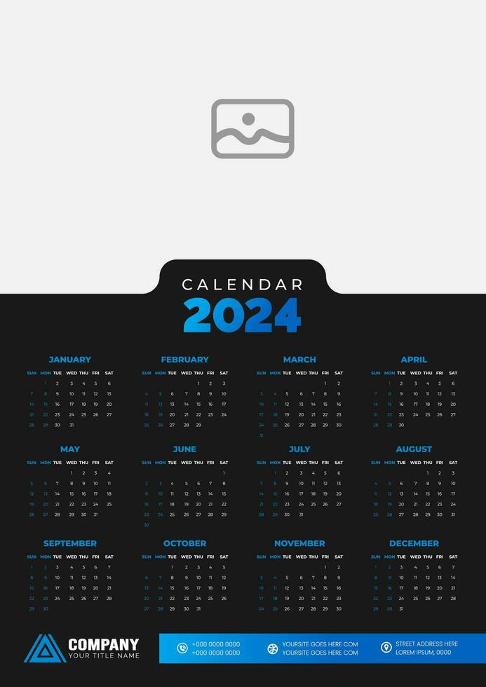 2024 dark wall Calendar vector illustration. week starts on Sunday, Simple planner design template, 2024 year corporate business calendar design template. wall, desk or business planner calendar.