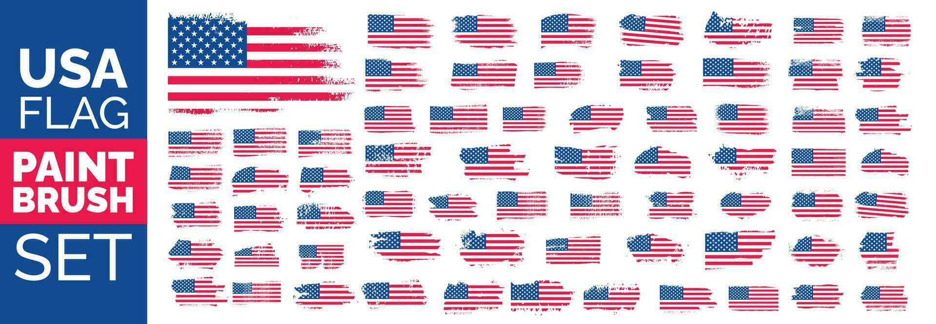 big mega set of Grunge US Flag ink brush stroke effect or United States of America flag with watercolor paint brush strokes texture design. USA flag paint brush texture big mega bundle. vector