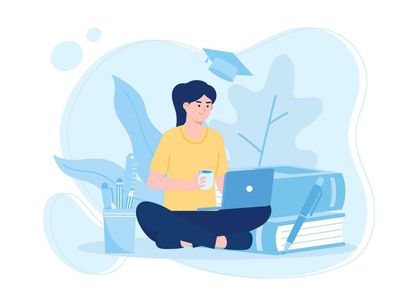 woman doing coursework with a cup concept flat illustration vector