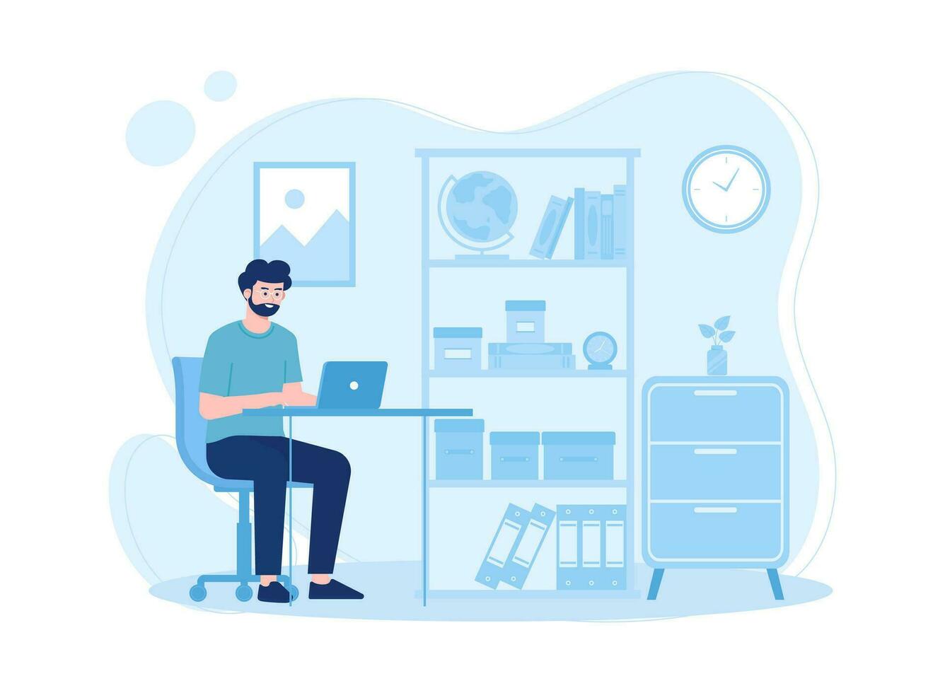 a man in a workspace sitting in a chair with a computer concept flat illustration vector