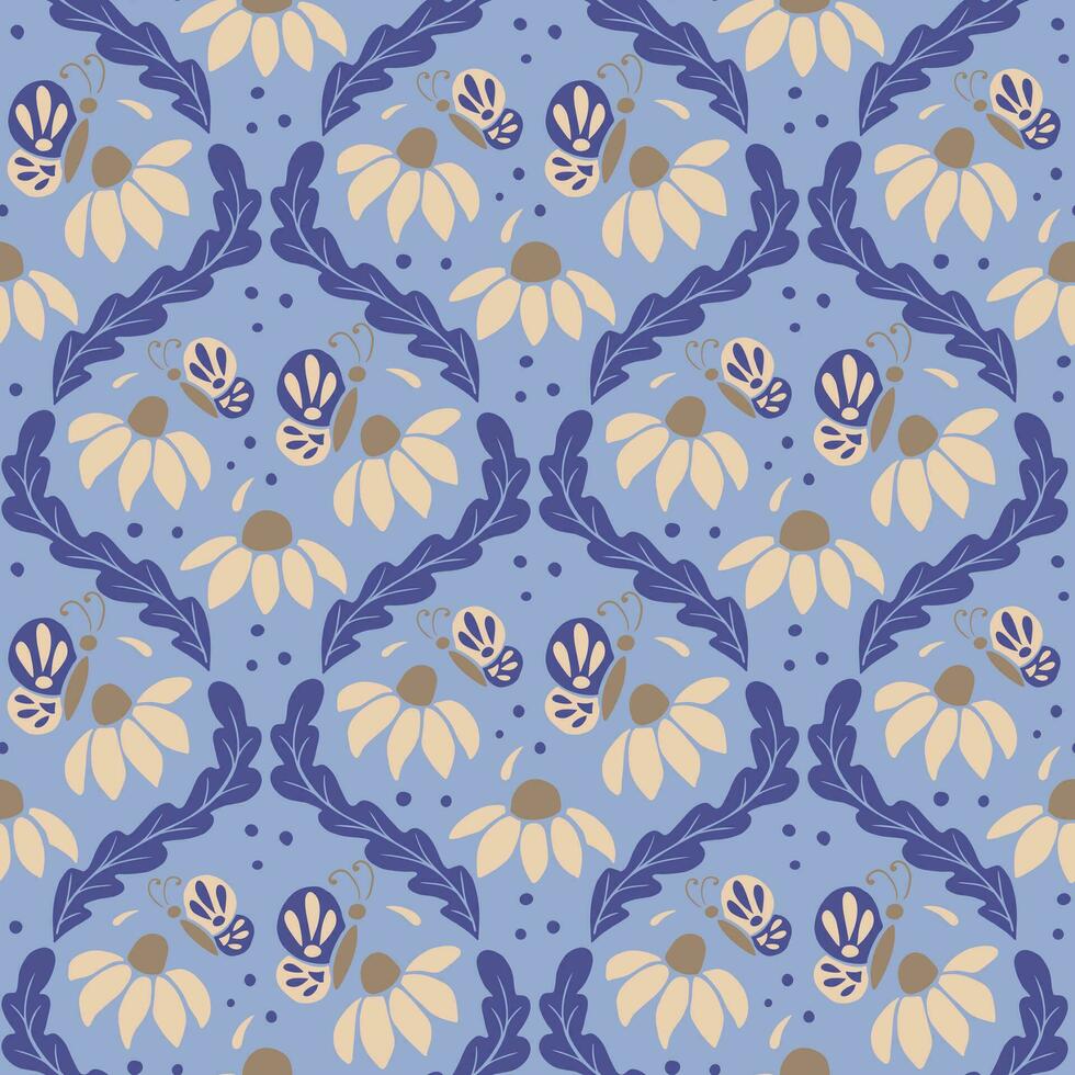 Retro vintage seamless pattern with flowers and butterflies. Hand drawn flat abstract flowers, leaves and butterflies on blue background. Trendy print design for textile, wallpaper, interior vector