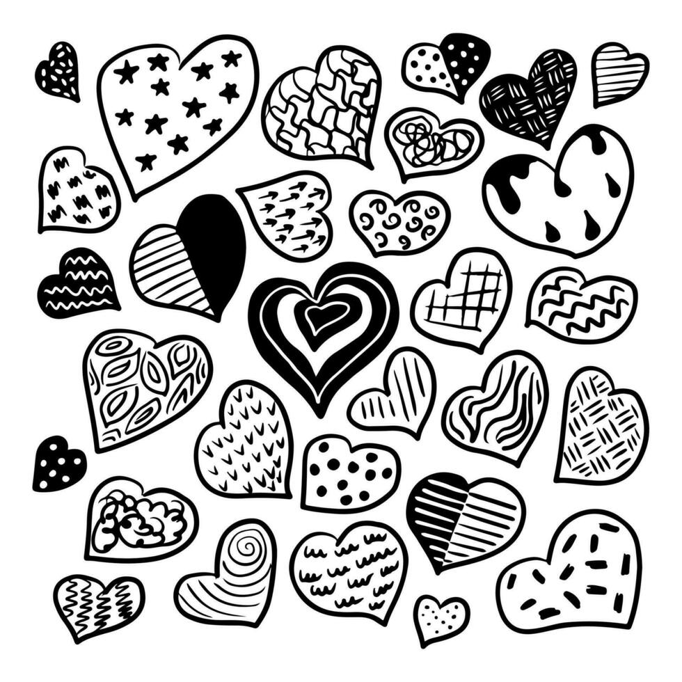 Set of hand drawn hearts with abstract texture. Curves, lines, scribbles, circles, stars inside hearts. Outline doodle drawings. Contour sketchy items. vector