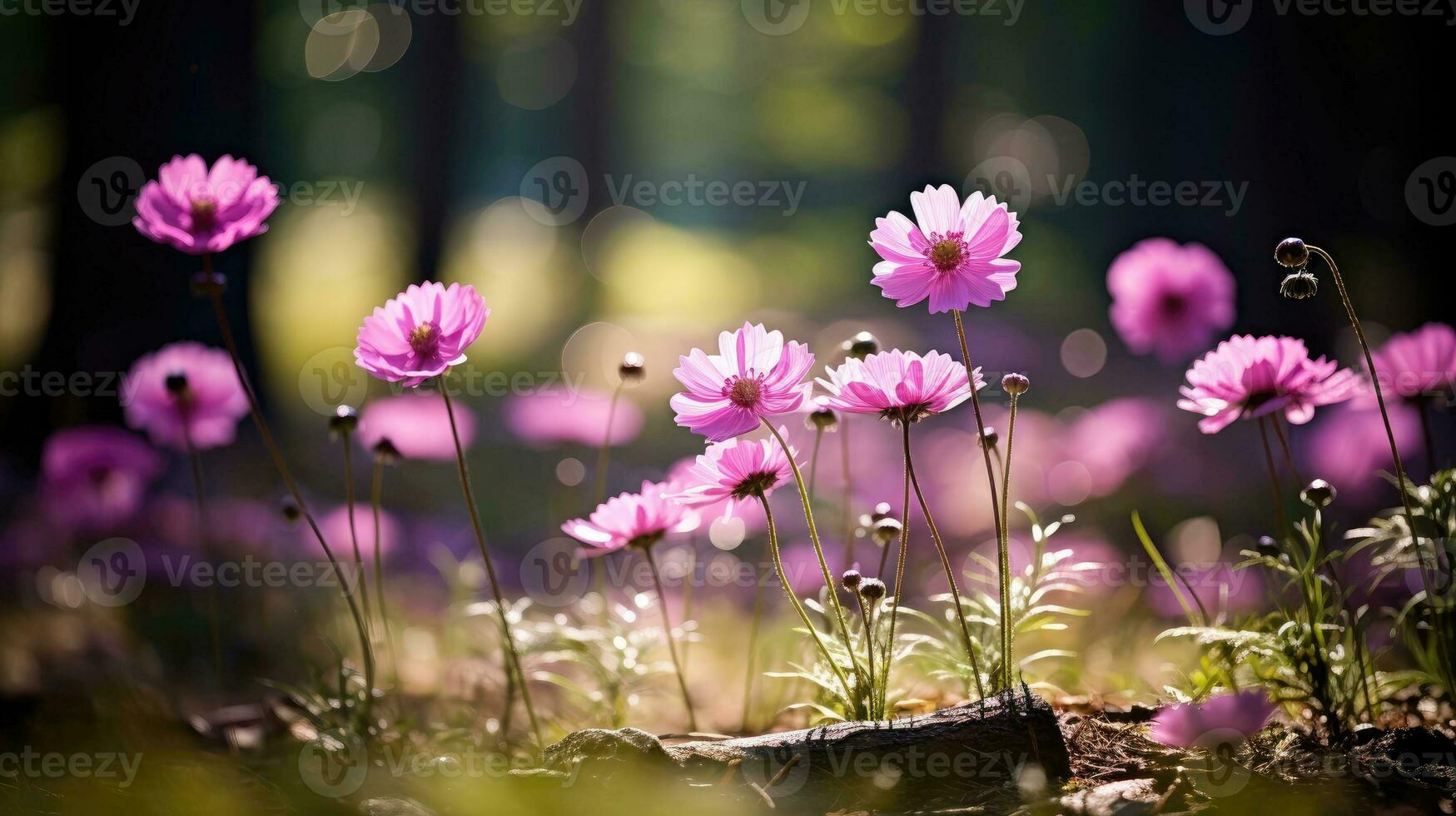 ai generado flores, antecedentes imagen, flor campo, brillo, frescura, escenario, paisaje, naturaleza foto