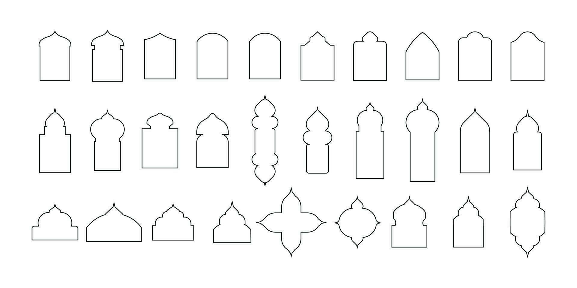 Set of vector Islamic door and window shapes. Arabic style arch. Arabic arch windows and doors in traditional silhouettes. Oriental architecture elements template of eastern door.