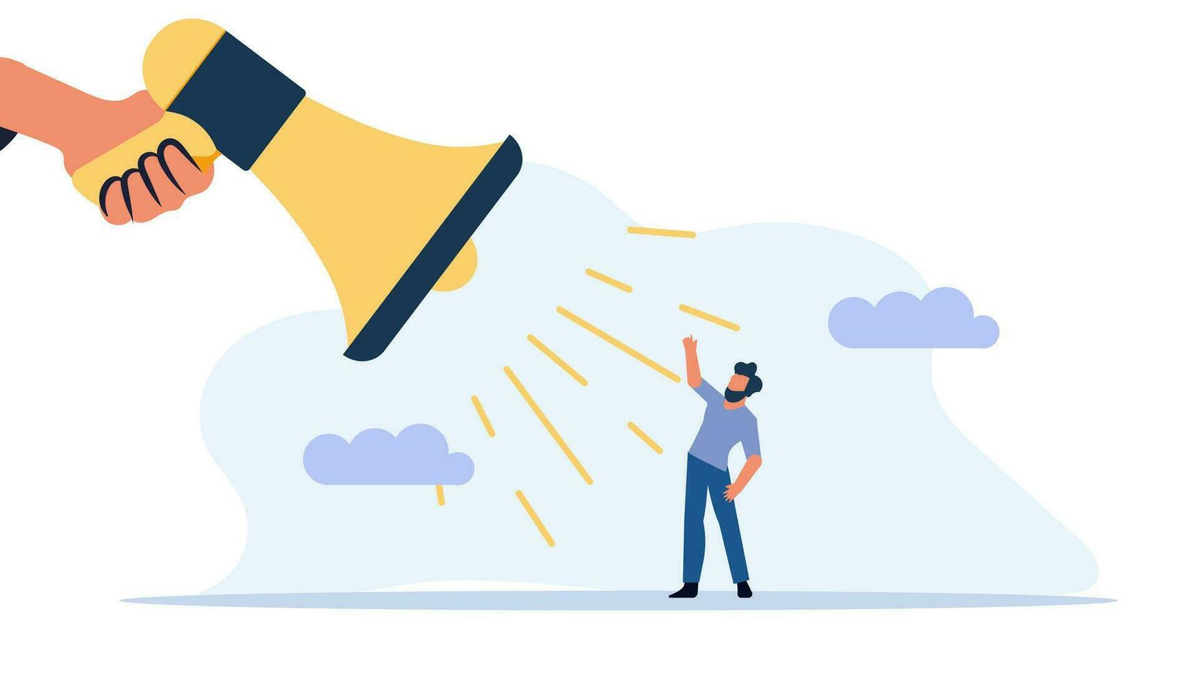 Marketing conversations of people about the news. Confidence story in the word of the customer and feedback in business. A man stands and listens to a large loudspeaker vector illustration concept.