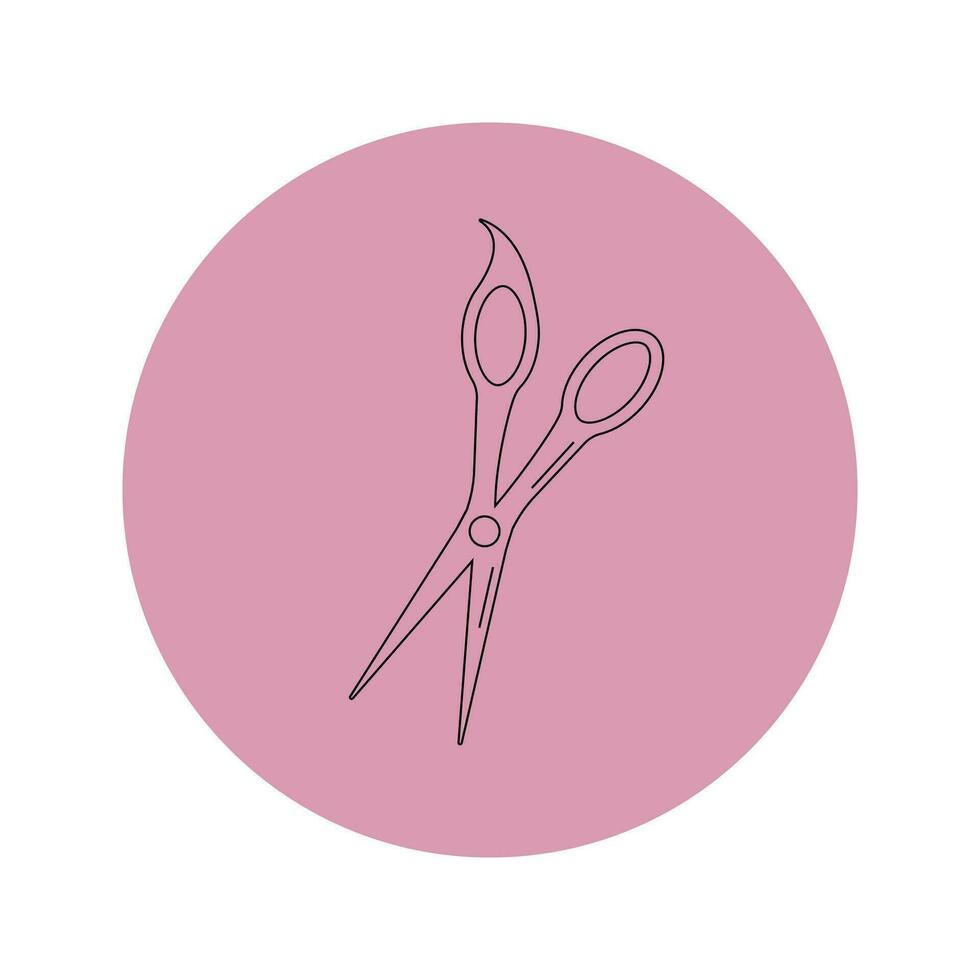 Vector icon of scissors in a pink circle on a white background.