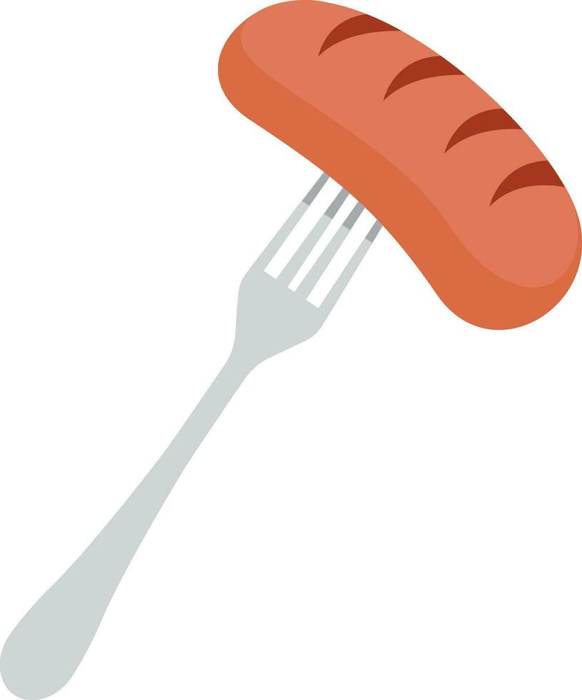 Sausage on fork. Kitchen element. Food and Cutlery. Cooking frankfurter. Cartoon flat illustration vector