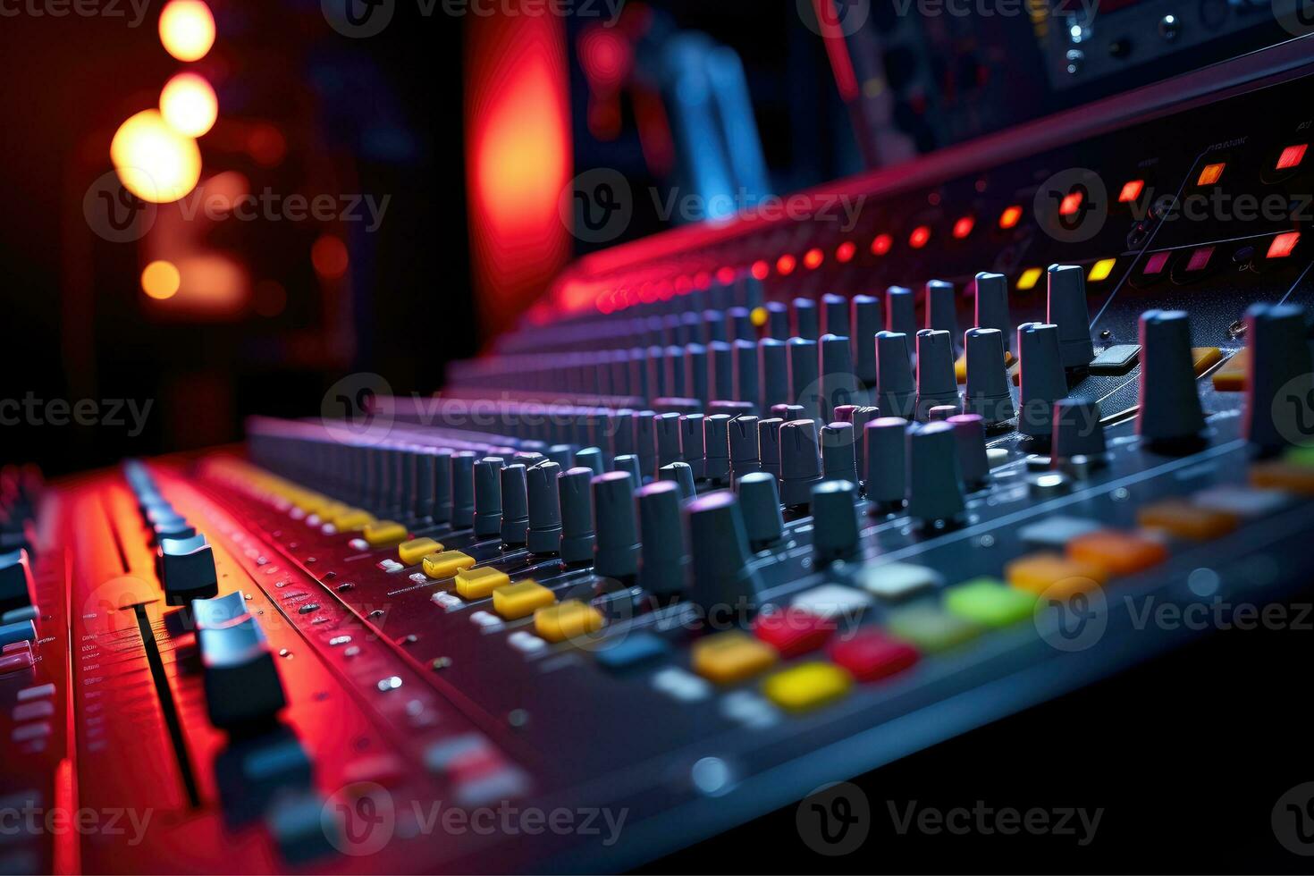 AI generated Close up of person hand on sound mixing console, buttons on audio mixer, AI Generative photo