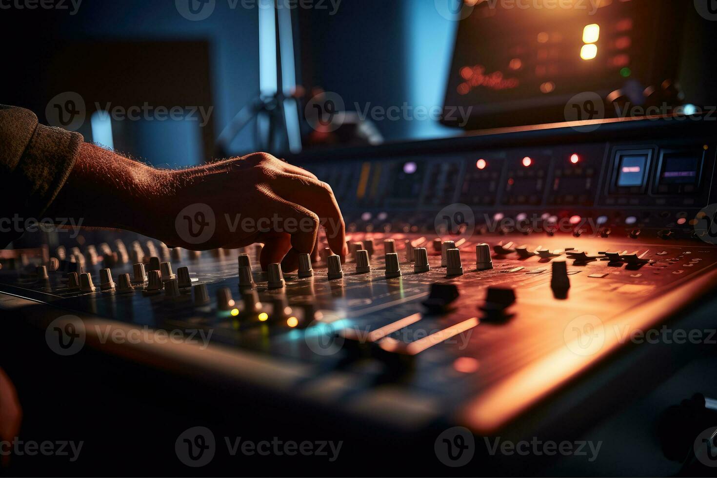 AI generated Close up of person hand on sound mixing console, buttons on audio mixer, AI Generative photo