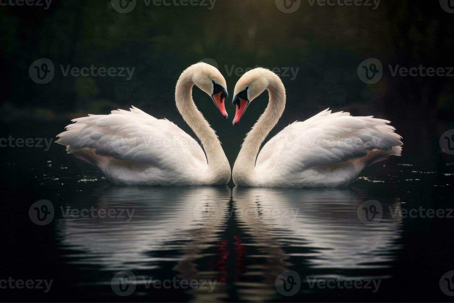 ai generado dos hermosa cisnes en un lago forma corazón, romántico cisne durante San Valentín día, ai generativo foto