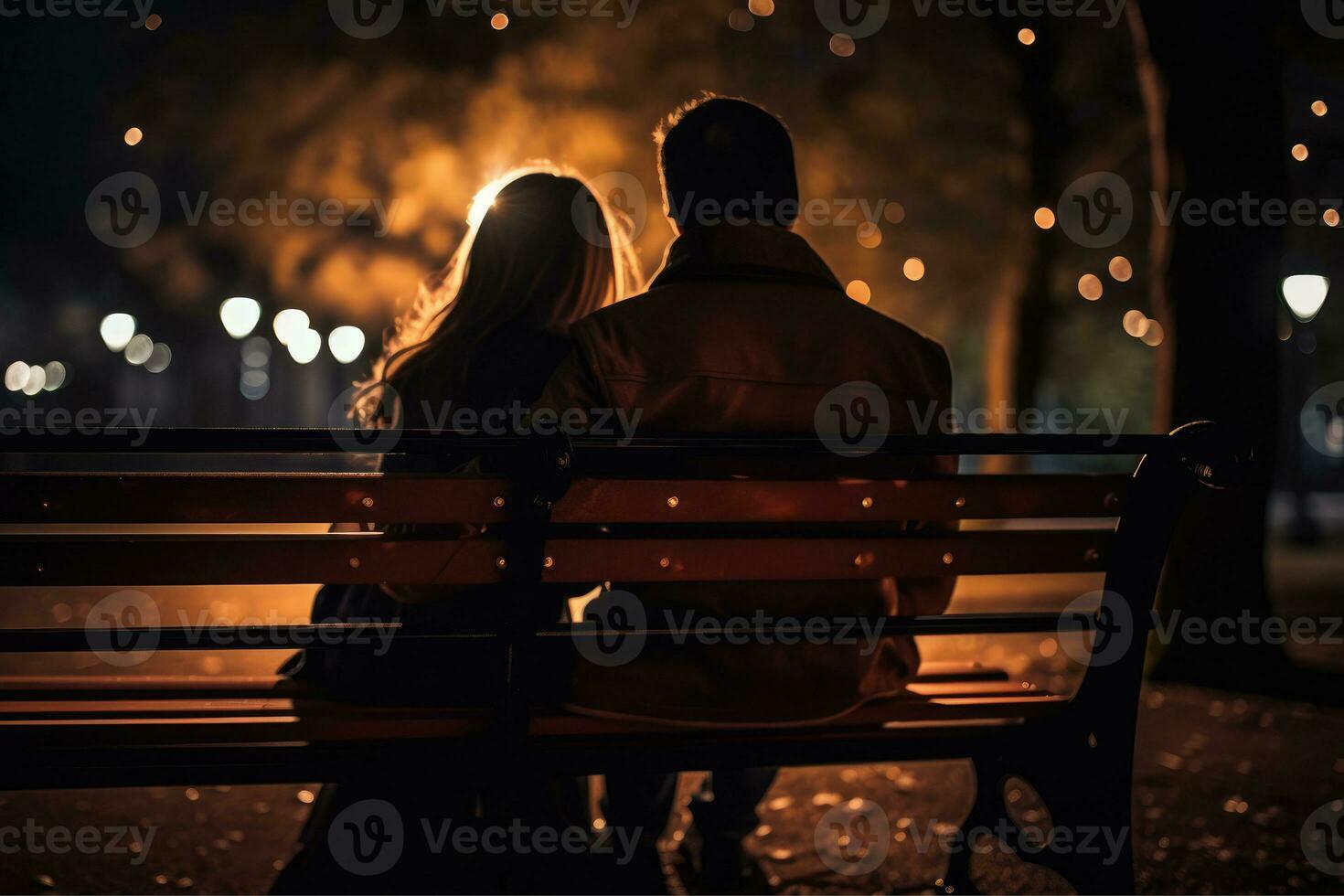 ai generado Pareja en amor sentado en un parque banco, romántico, participación mano, a noche, ai generativo foto
