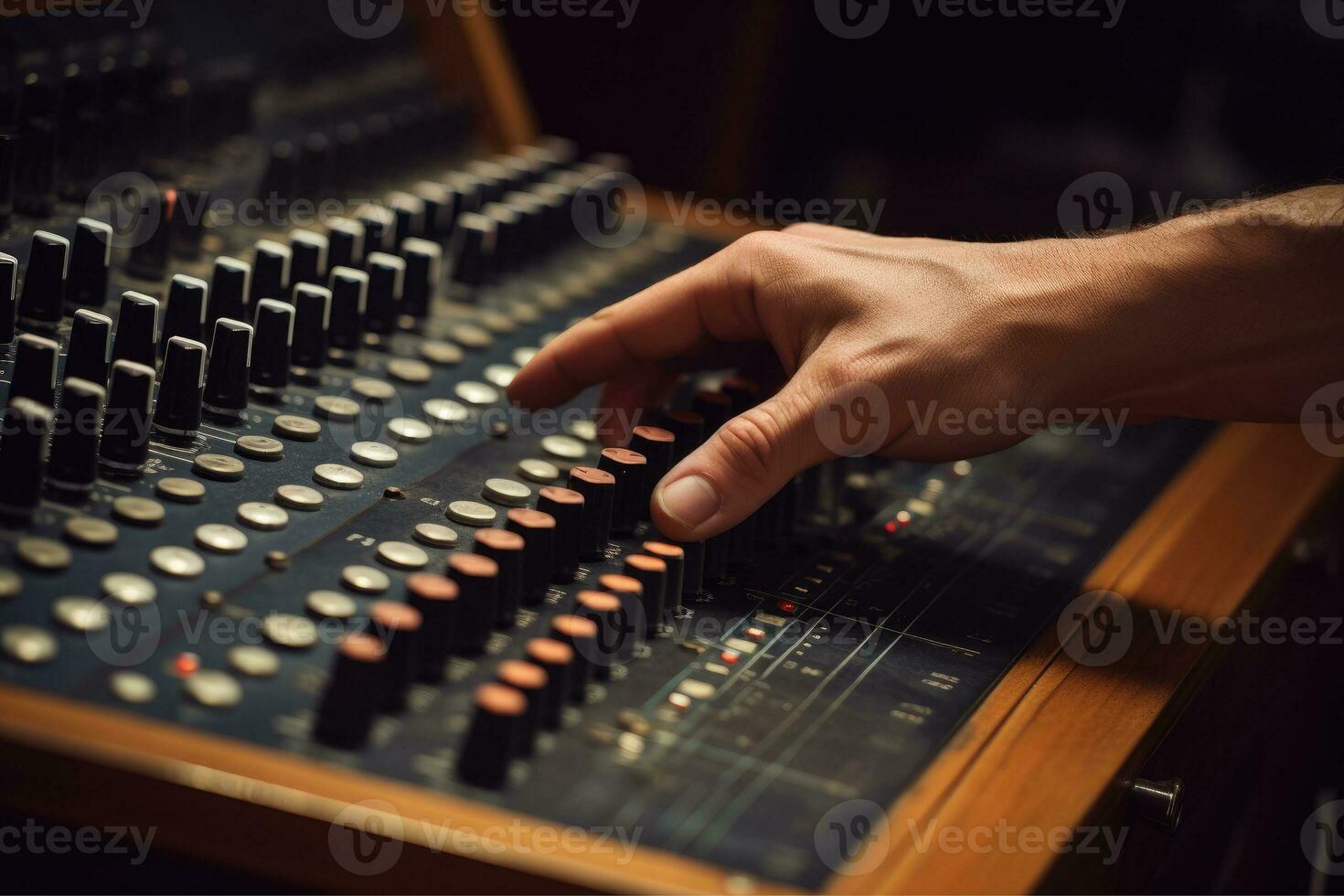 ai generado cerca arriba de persona mano en sonido mezcla consola, botones en audio mezclador, ai generativo foto