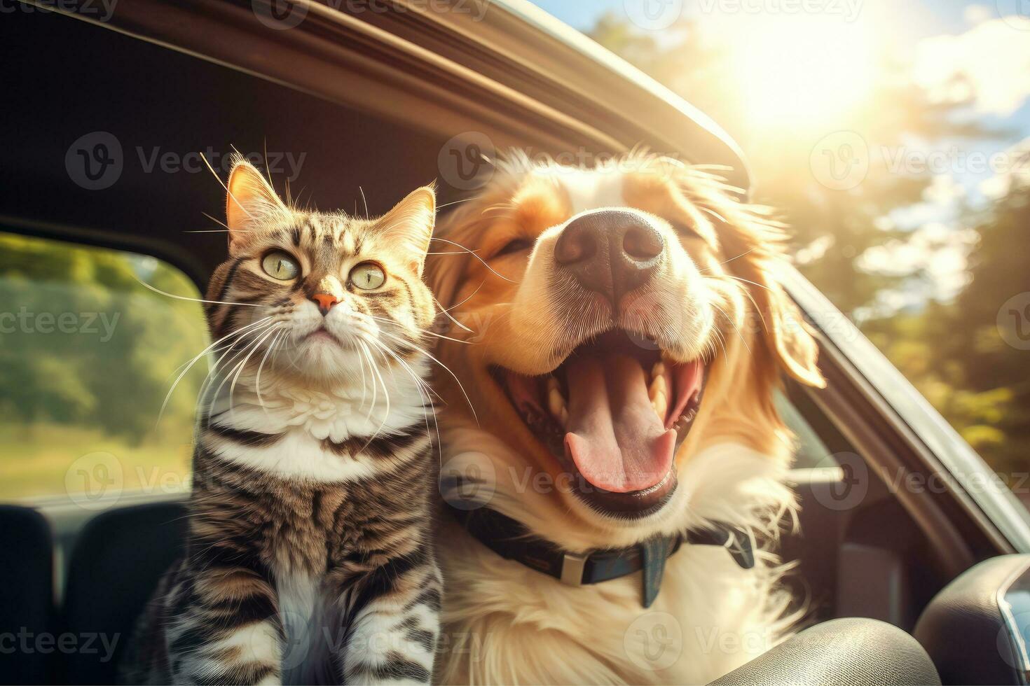 AI generated Happy dog and cat together in summer vocation travel, AI Generative photo