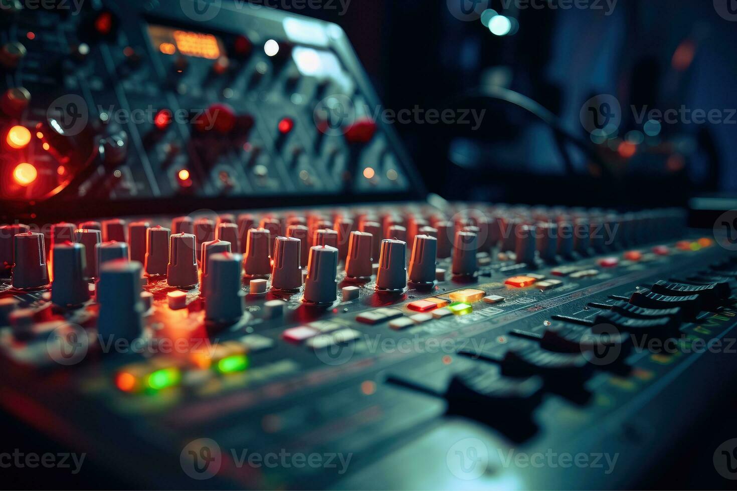 AI generated Close up of person hand on sound mixing console, buttons on audio mixer, AI Generative photo