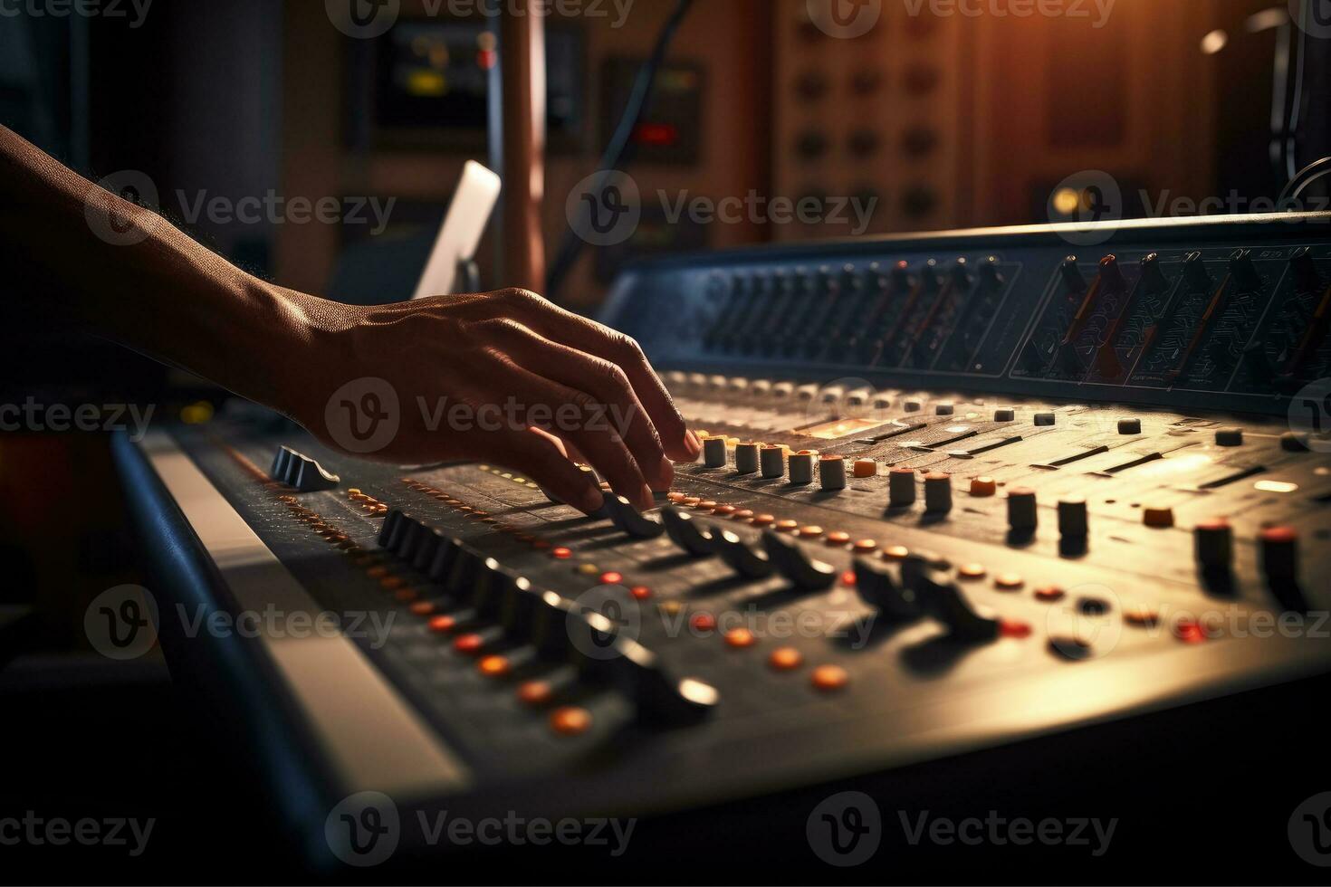 AI generated Close up of person hand on sound mixing console, buttons on audio mixer, AI Generative photo