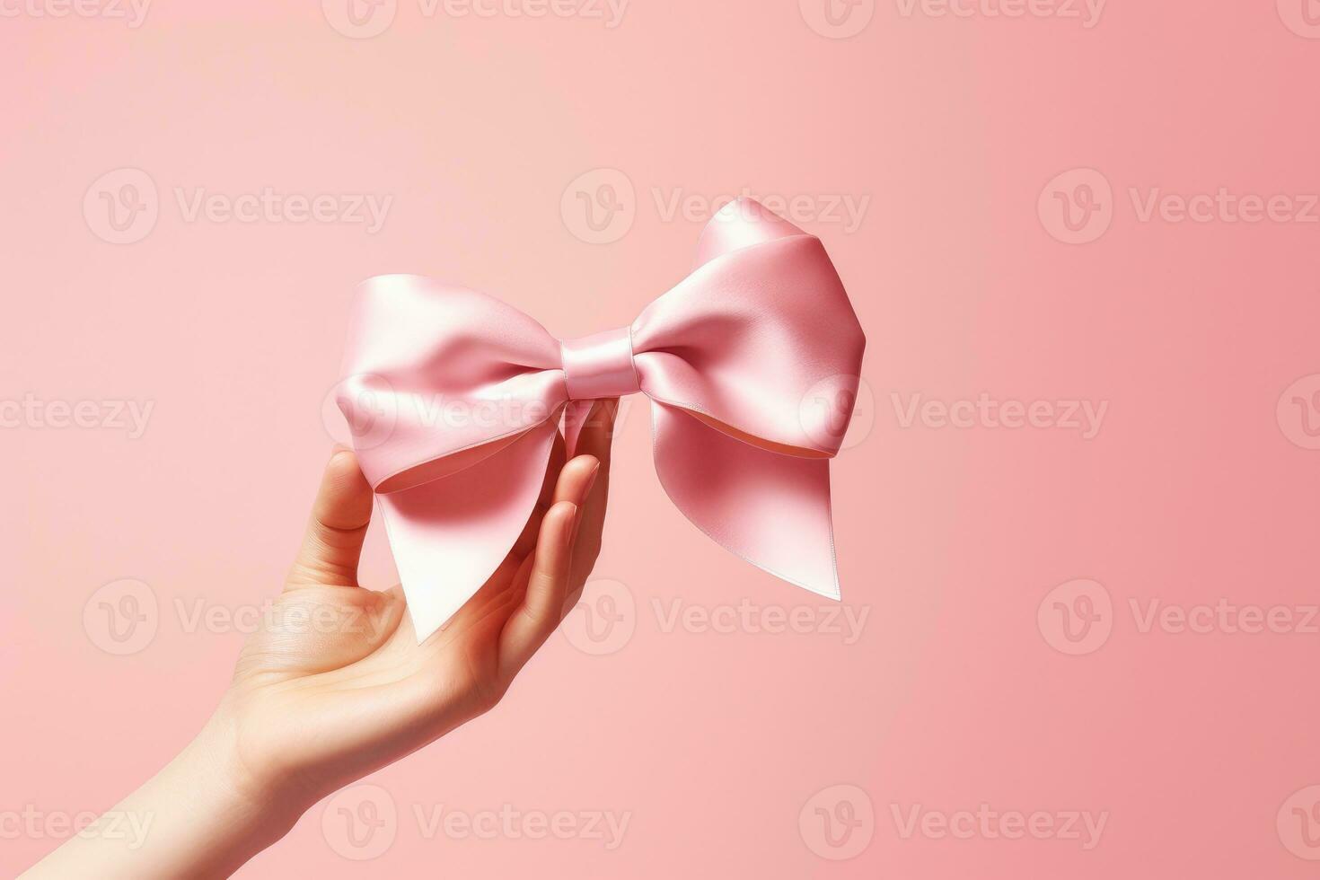 AI generated Hands catching a pink bow on a pink background, cancer day, AI Generative photo