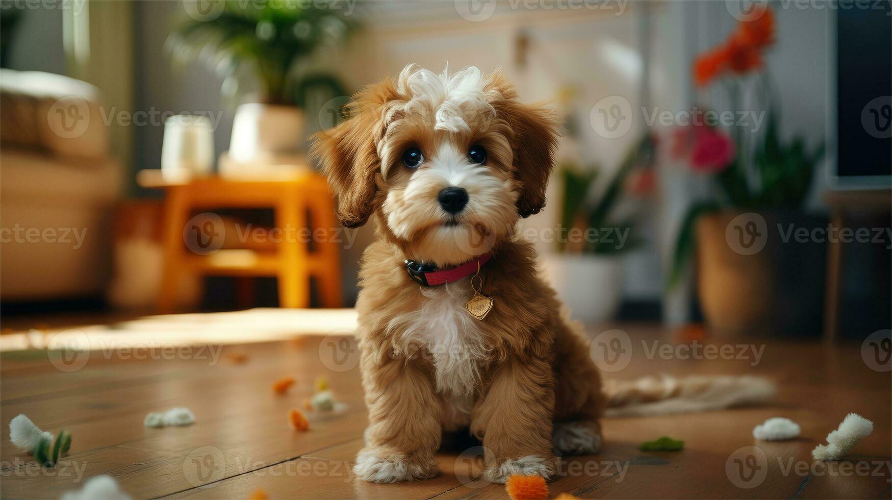 ai generado retrato de adorable perro en el piso en moderno habitación, ai generativo foto