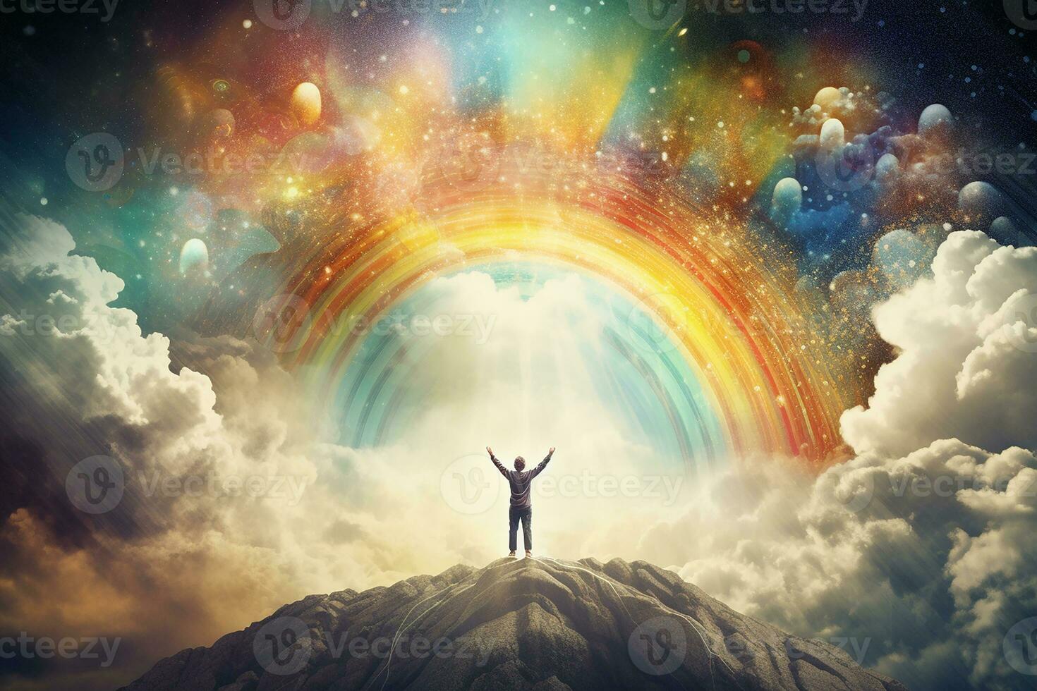 AI generated Person rising above negative thoughts, depicted as dark clouds, towards a sky filled with uplifting symbols like sunshine and rainbows photo