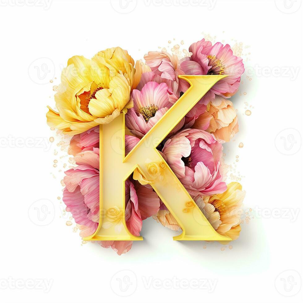 AI generated Creative letter K concept made of fresh yellow and pink peony photo