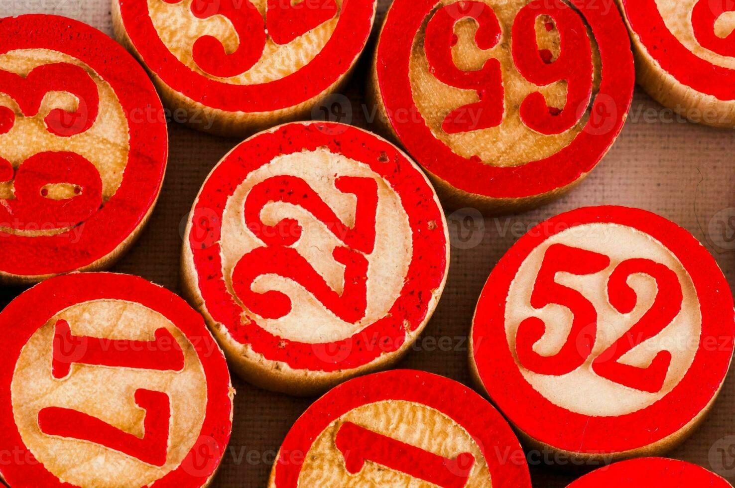 a pile of red and white wooden numbers photo