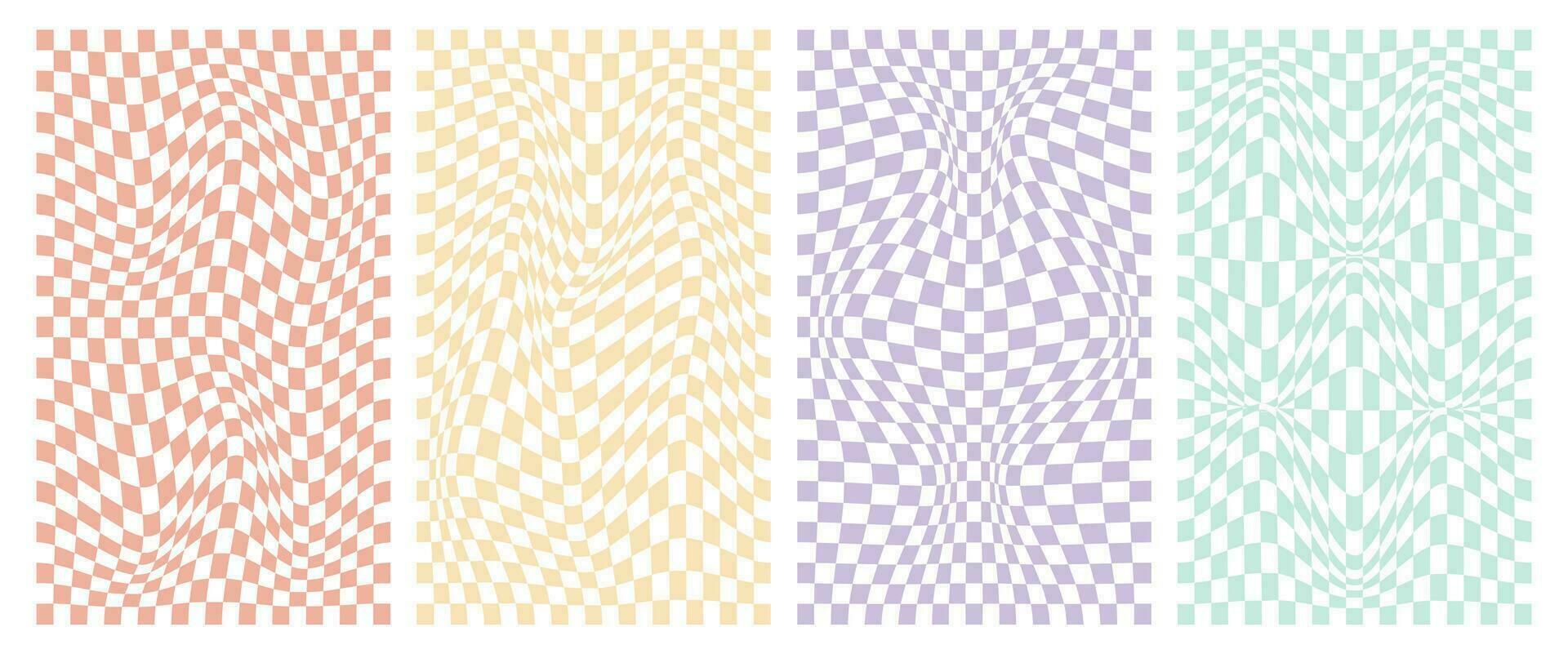 Groovy backgrounds, deformed checkered pattern. Retro background, bright, colored, checkered. Collection of pastel colored distorted groovy background vector