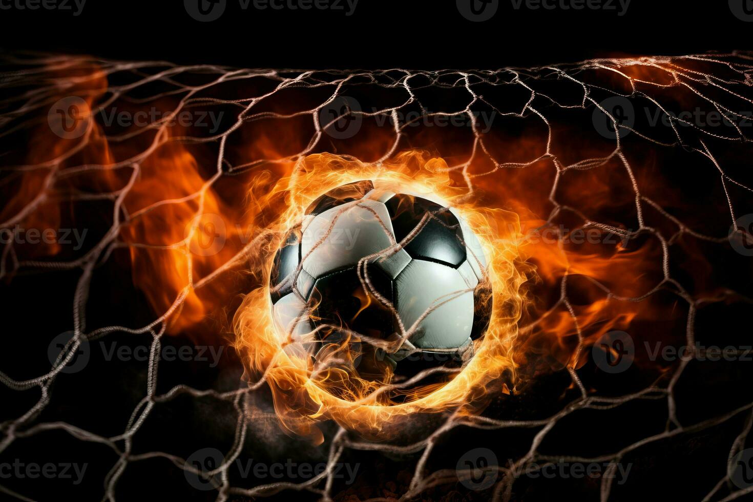 AI generated Fiery soccer ball in net. Generate ai photo