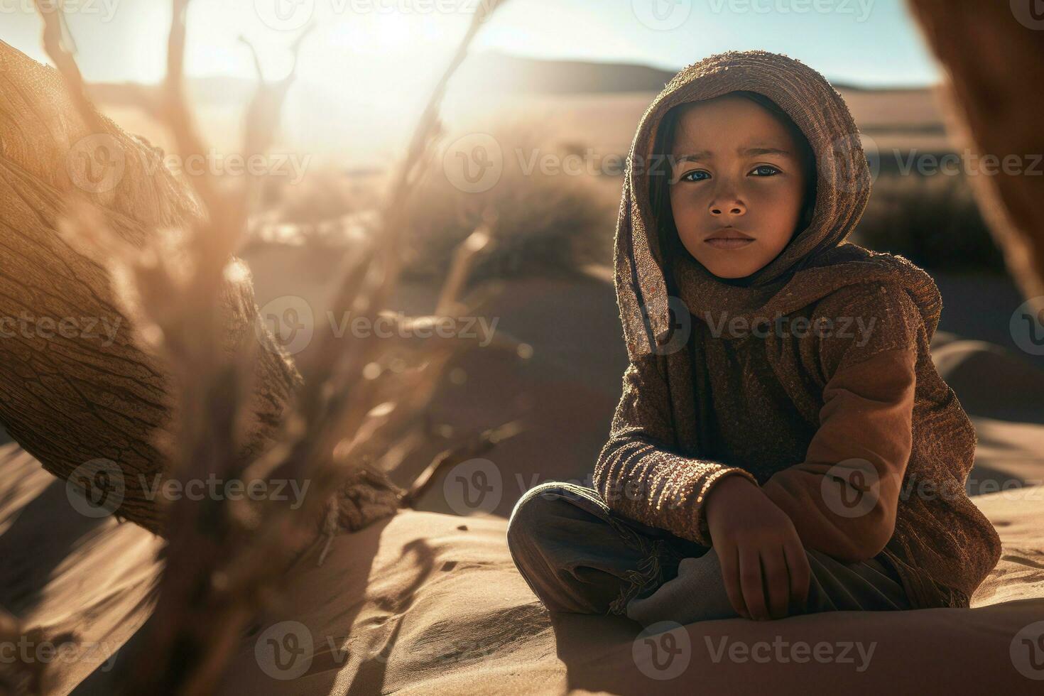 AI generated Girl sitting in middle sand in old clothes. Generate Ai photo