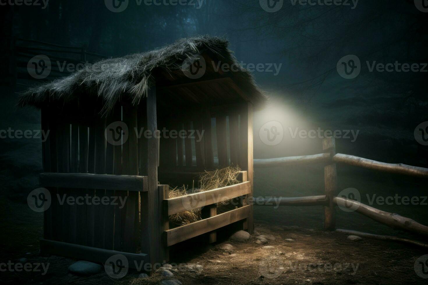 AI generated Empty timber rural manger with light. Generate ai photo