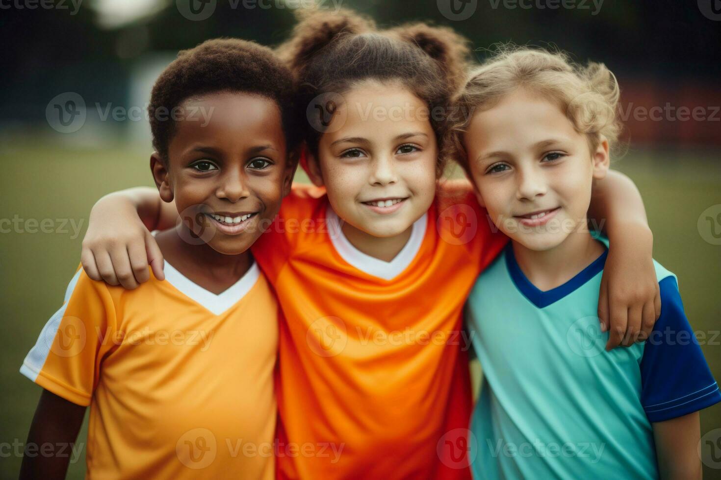 AI generated Few diverse child soccer players. Generate ai photo