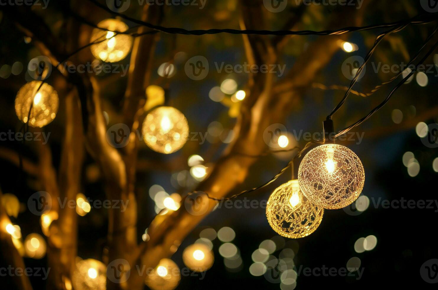 AI generated Decorative outdoor lights hanging on tree. Generate ai photo