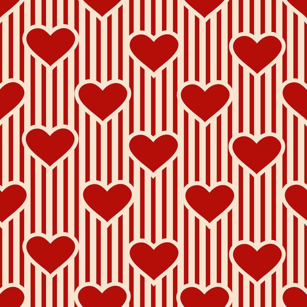 seamless pattern of hearts on a striped retro background in red and cream colors vector