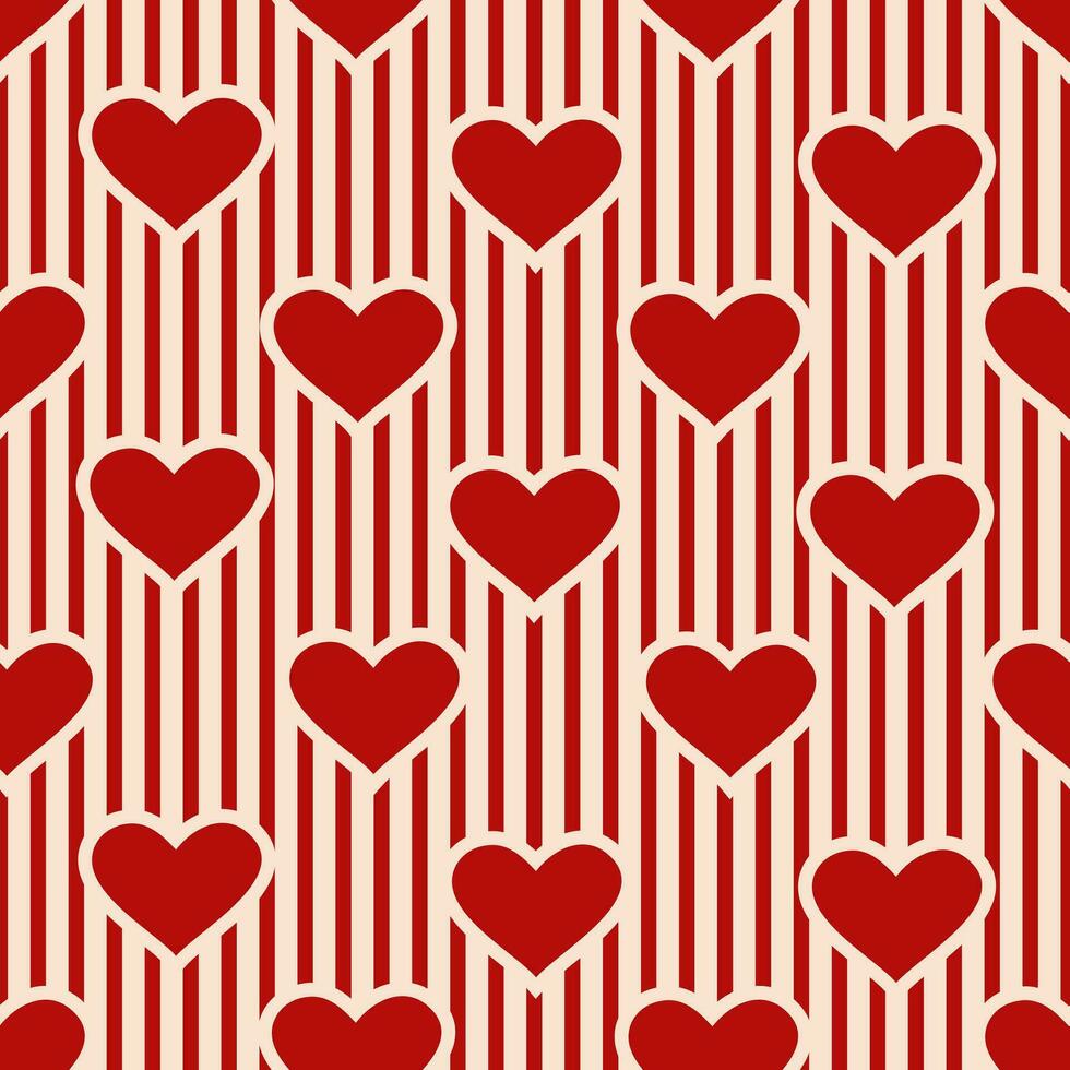 sin costura modelo de corazones en un a rayas retro antecedentes en rojo y crema colores vector