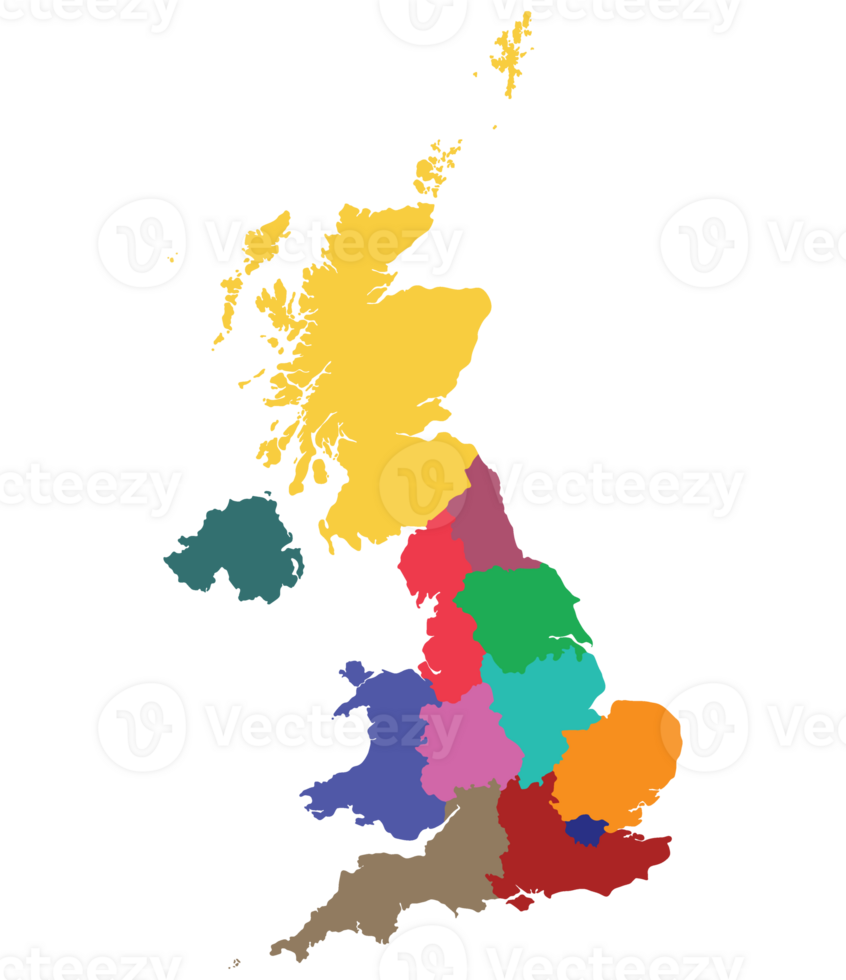 United Kingdom Regions map. Map of United Kingdom in administrative regions in multicolor png