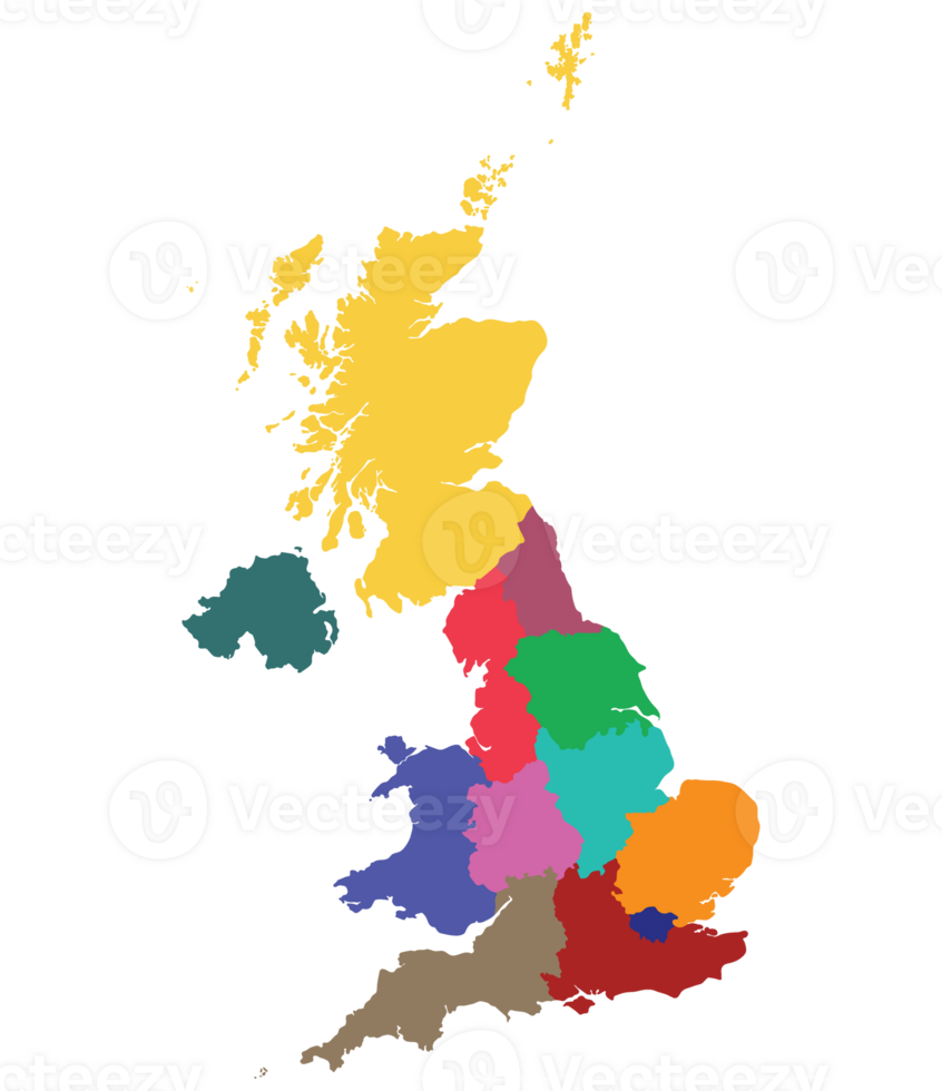 förenad rike regioner Karta. Karta av förenad rike i administrativ regioner i Flerfärgad png