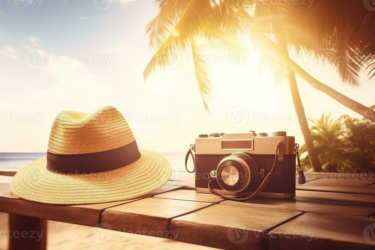 AI generated Straw hat and camera close-up, summer vacation background. Ai generated photo