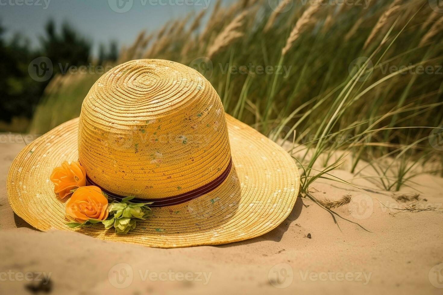 AI generated Straw hat on the beach close-up, summer background. Ai generated photo