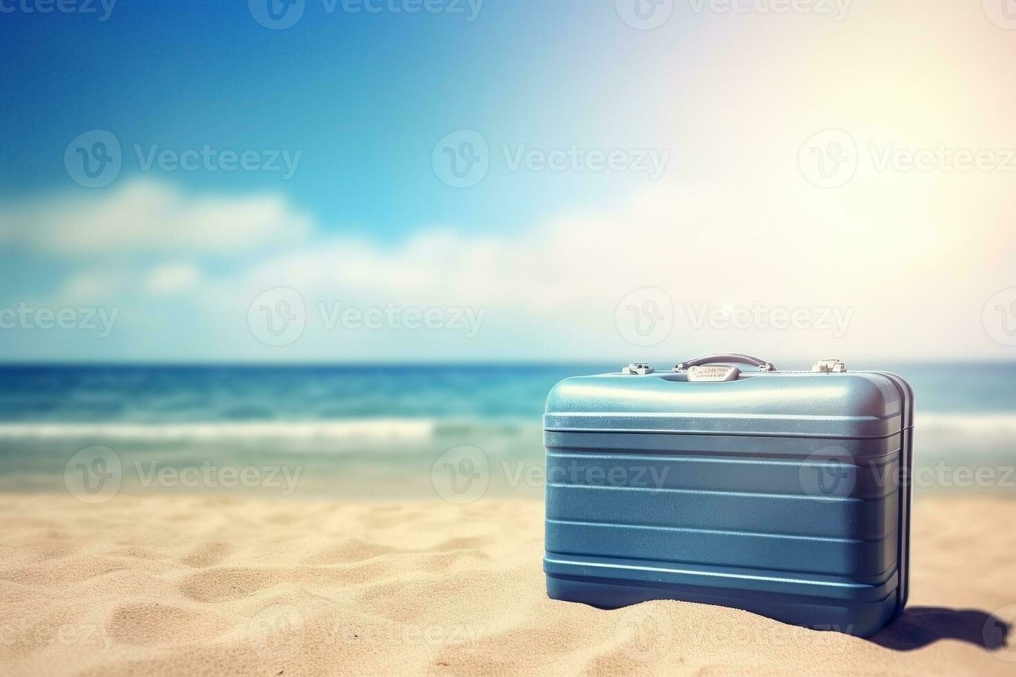 AI generated Suitcase and the beach landscape, summer vacation background. Ai generated photo