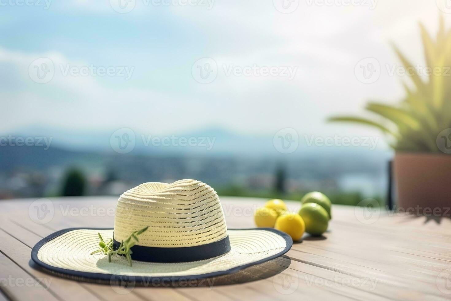 AI generated Desk of free space with straw hat summer background. Ai generated photo